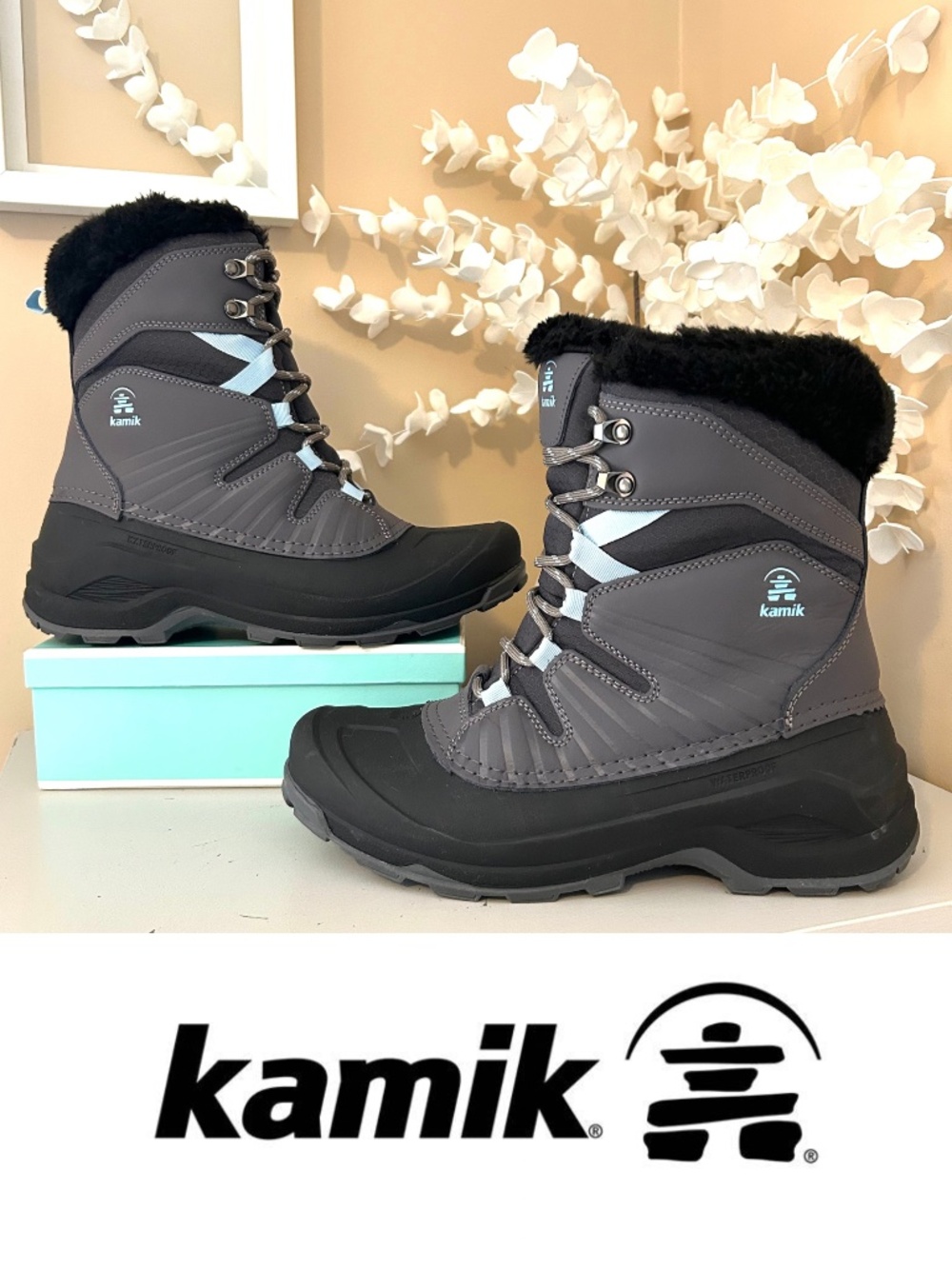 Kamik Iceland Snow Boot Mid Calf Lace Up Charcoal/Blue Size 9 Like New!